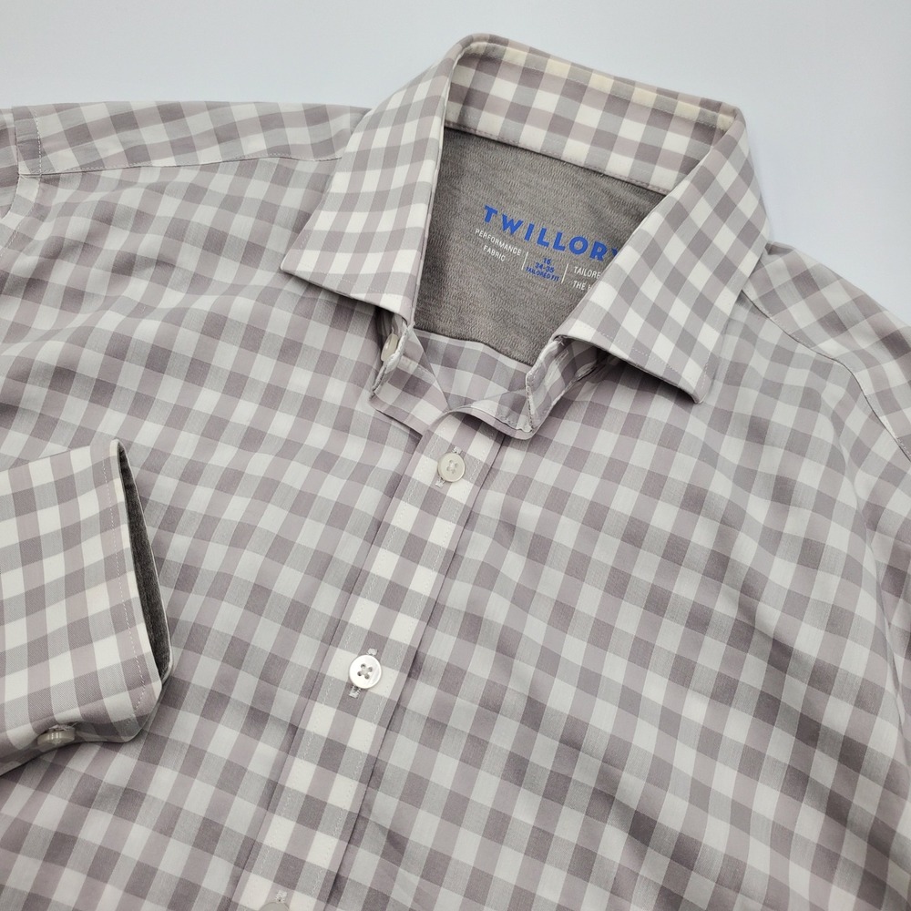 Twillory Performance Shirt Mens 16 34/35 Tailored Fit Grey Gingham Check Flawed